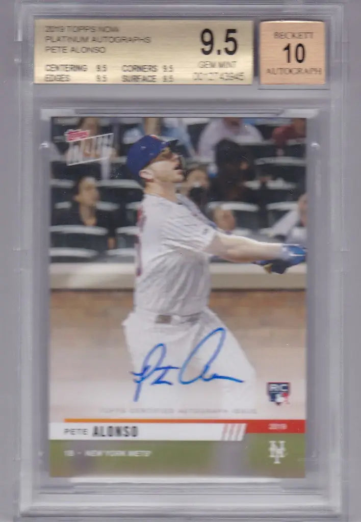 Graded baseball card of Pete Alonso in batting pose, featuring Pete Alonso BGS 9.5 auto