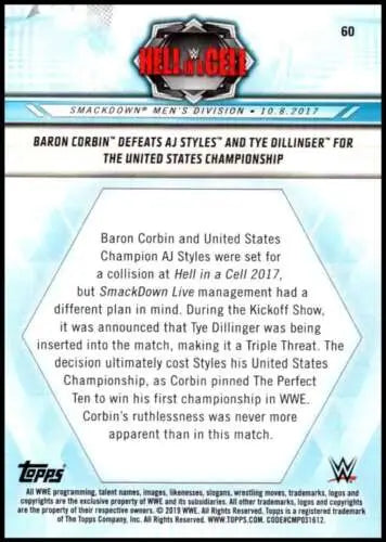 2019 Topps Road to WrestleMania trading card featuring Baron Corbin defeats AJ Styles