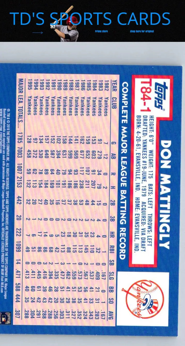 Don Mattingly baseball card from 2019 Topps #T84-1 celebrating Topps Baseball 35th Anniversary
