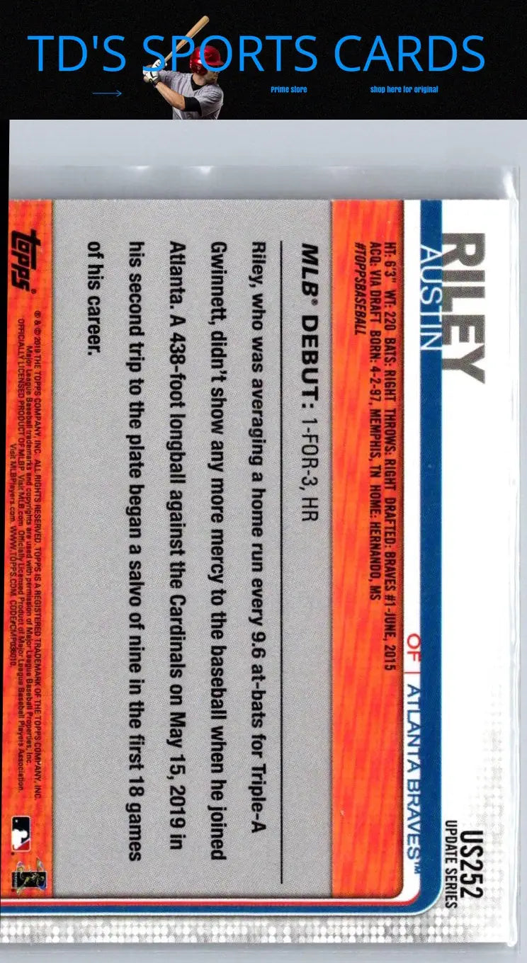 Baseball card of US252 Austin Riley from the 2019 Topps Update series