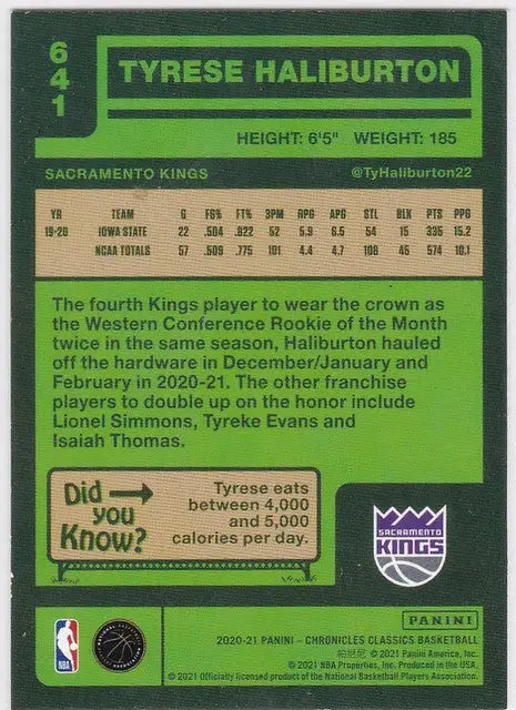 Basketball trading card featuring Tyrese Haliburton RC Sacramento from Chronicles Classics