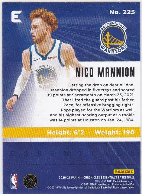 Basketball trading card of Nico Mannion from Golden State Warriors Chronicles Essentials