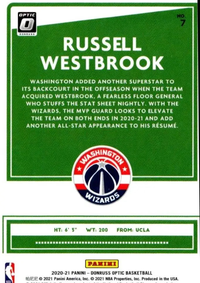 Russell Westbrook trading card from 2020-21 Donruss Optic #7 All-Stars collection