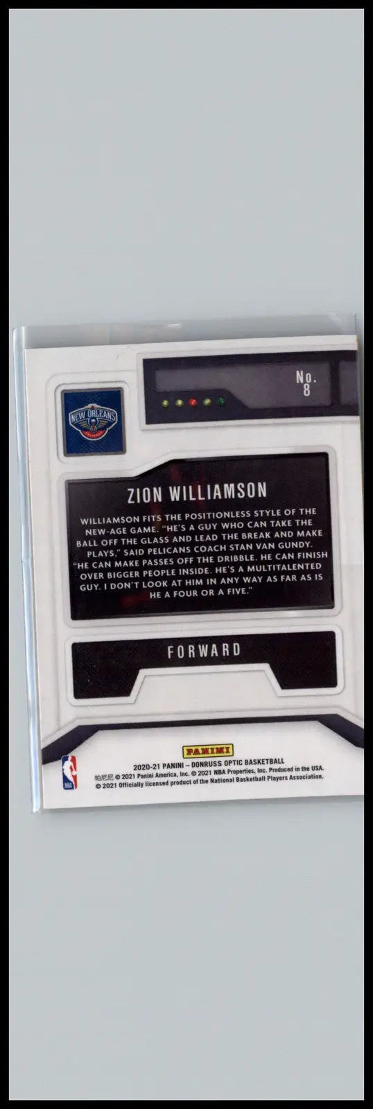 Zion Williamson basketball card from 2020-21 Donruss Optic Orleans Pelicans product