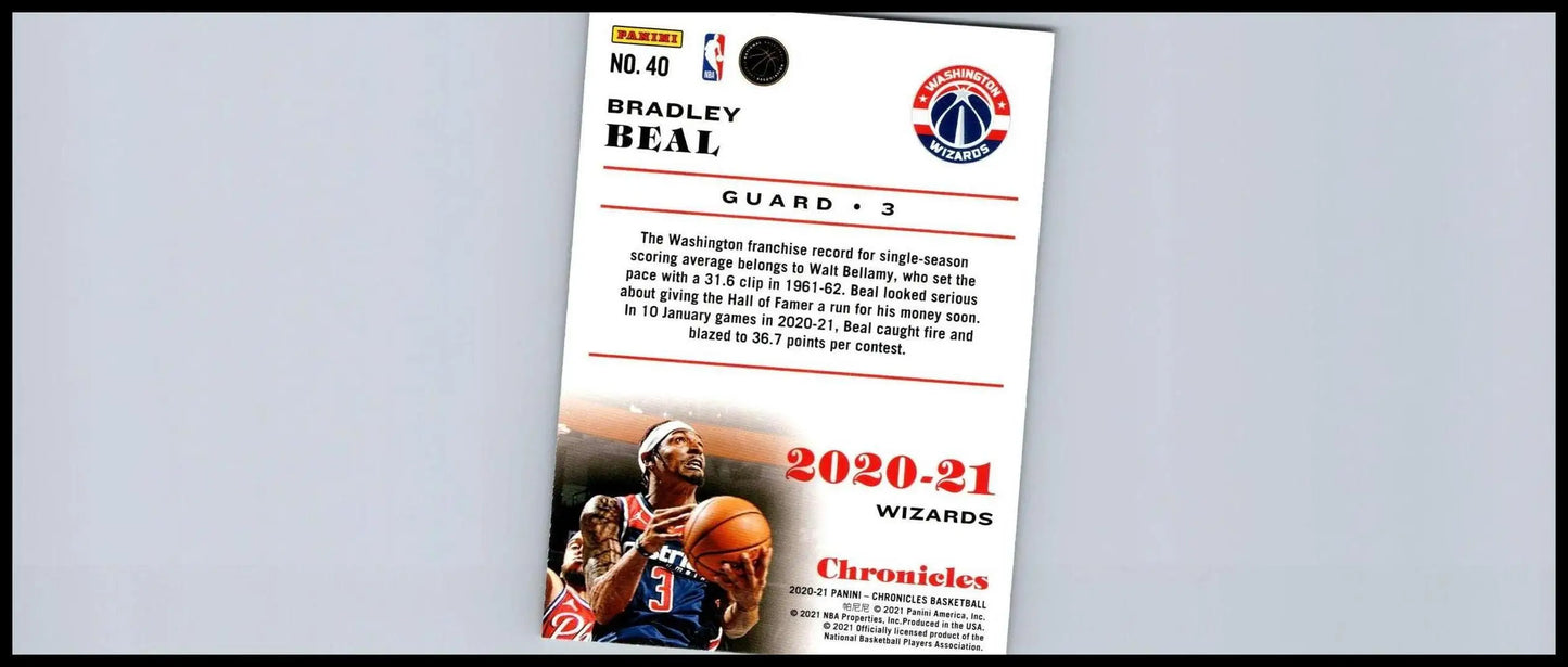 Bradley Beal trading card from 2020-21 Panini Chronicles #40, showcasing his gameplay