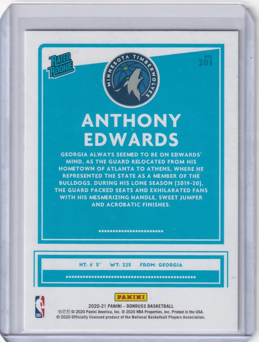 Back of a Panini Donruss basketball trading card featuring Anthony Edwards of the Minnesota Timberwolves