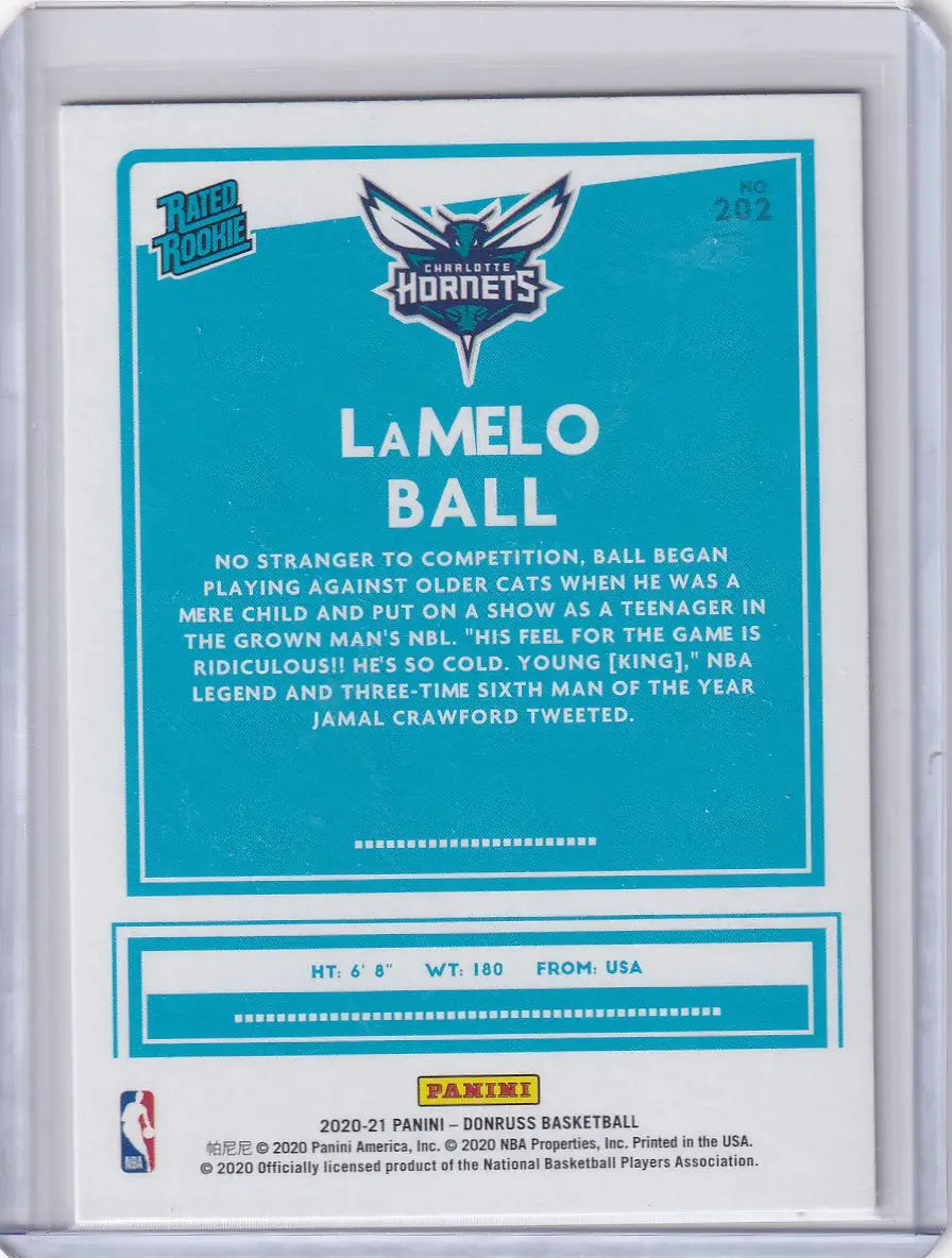 Turquoise LaMelo Ball rookie basketball card from Panini Donruss 2020-21 Charlotte Hornets