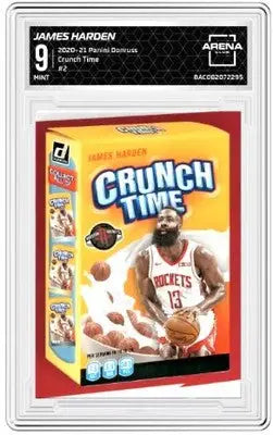 Panini Donruss James Harden cereal box basketball card from 2020-21 Crunch Time Arena Club