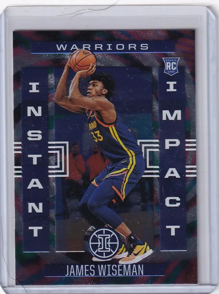Basketball trading card of James Wiseman in mid-jump shot for Golden State Warriors