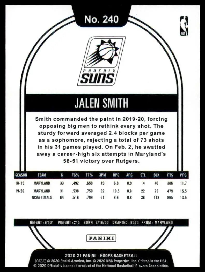 2020-21 Panini NBA Hoops Jalen Smith #240 Rookie Phoenix Suns Basketball Card - Basketball Card