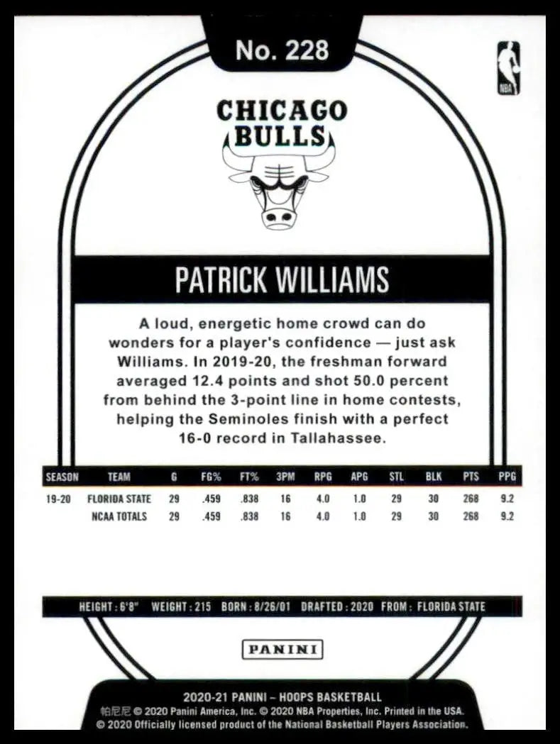 2020-21 Panini NBA Hoops Patrick Williams #228 Rookie Chicago Bulls Basketball
