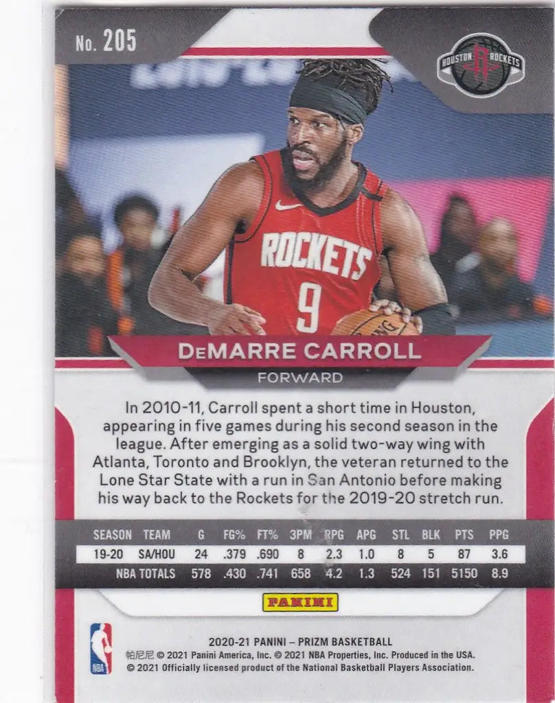 Basketball trading card of DeMarre Carroll in Houston Rockets red jersey, Panini Prizm