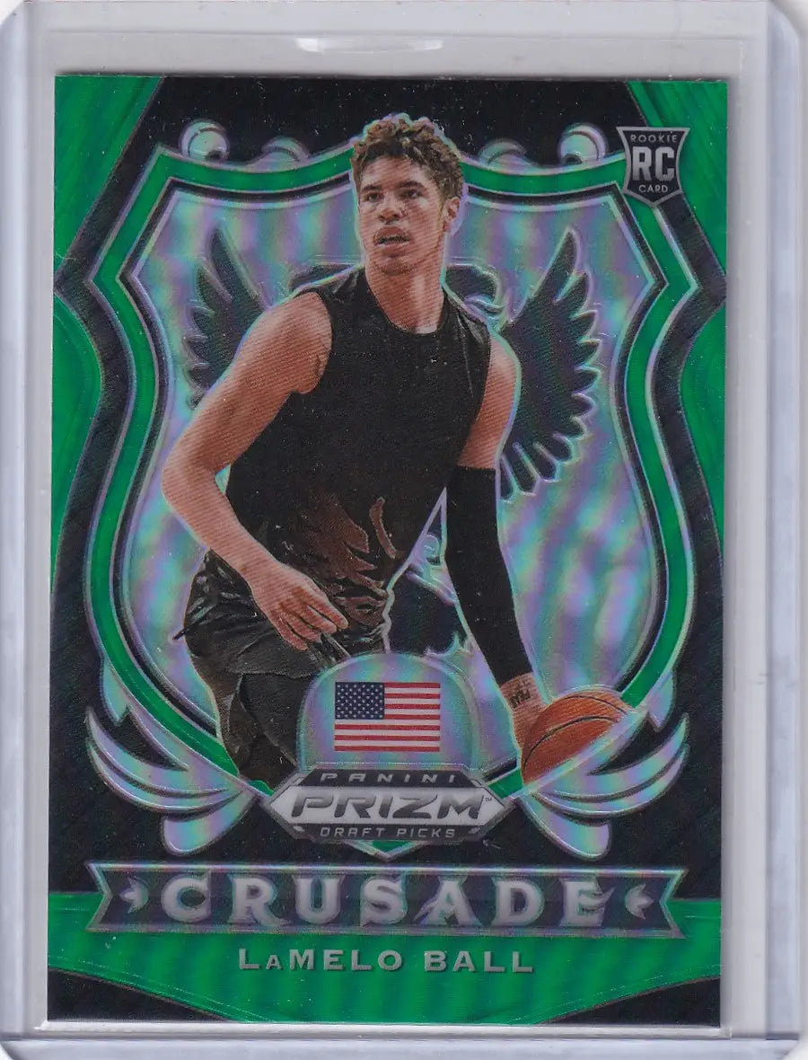 Lamelo Ball Panini Prizm Draft Green basketball card in protective sleeve