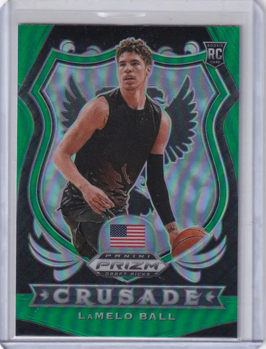 Lamelo Ball Panini Prizm Draft Green basketball card in protective sleeve