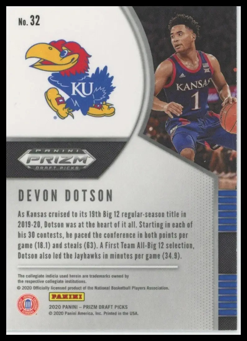2020-21 Panini Prizm Draft Picks Devon Dotson #32 Rookie Kansas Jayhawks Card - Trading Card