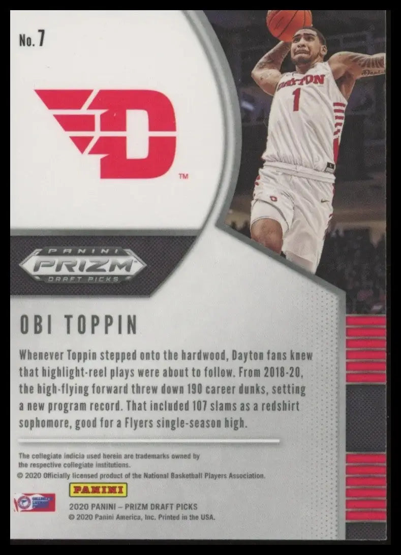 2020-21 Panini Prizm Draft Picks Obi Toppin #7 Rookie Dayton Flyers Basketball