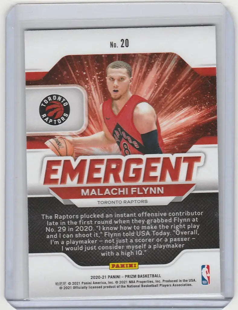 Basketball trading card of Malachi Flynn Toronto Raptors with Panini Prizm Emergent design