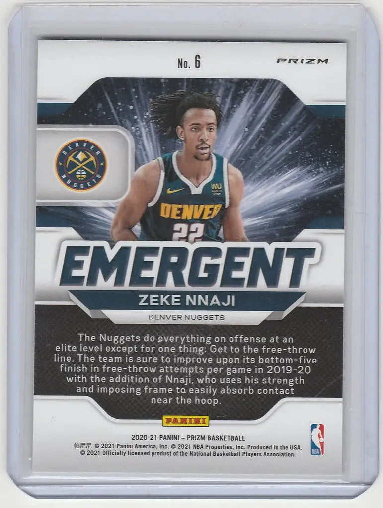 Basketball trading card of Zeke Nnaji Denver from 2020-21 Panini Prizm Emergent
