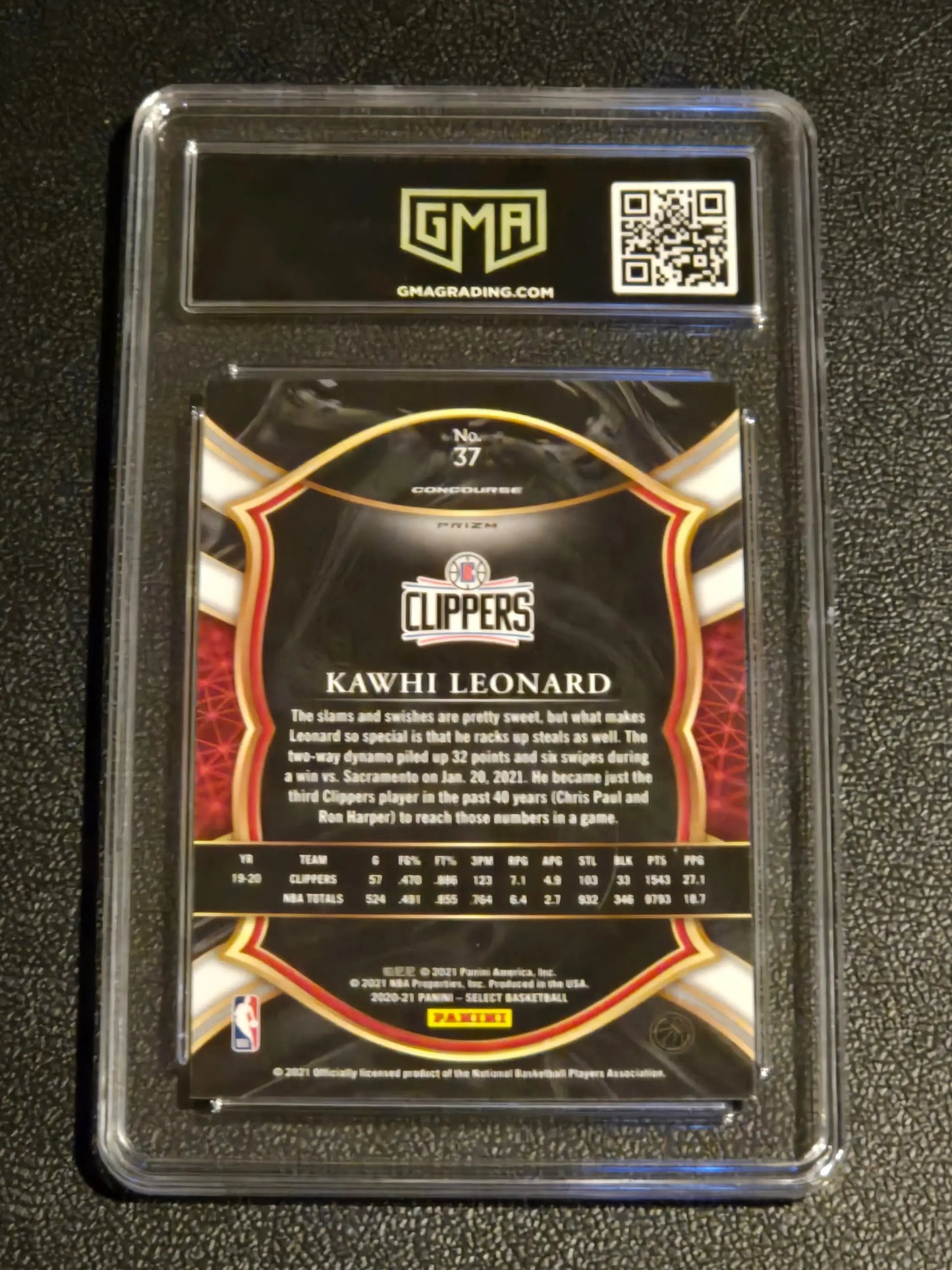 2020-21 Panini Select #37 Kawhi Leonard Red White Green Cracked Ice GMA 10 - Trading Card