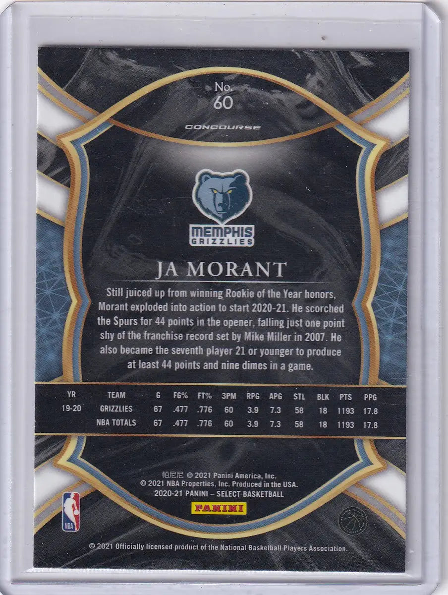 Back of a Ja Morant basketball trading card showing stats from Panini Select Memphis Grizzlies