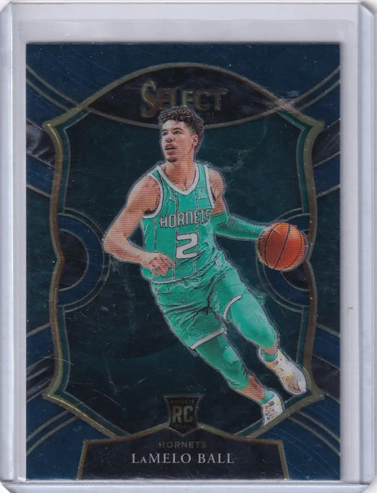LaMelo Ball rookie basketball card in protective sleeve from Panini Select Charlotte Hornets