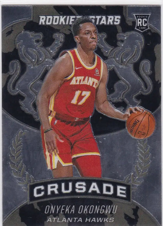 Basketball trading card of Onyeka Okongwu RC Atlanta in red uniform, Prizm Crusade