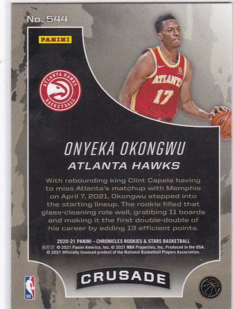 Basketball trading card of Onyeka Okongwu RC Atlanta in red jersey number 17 Prizm Crusade