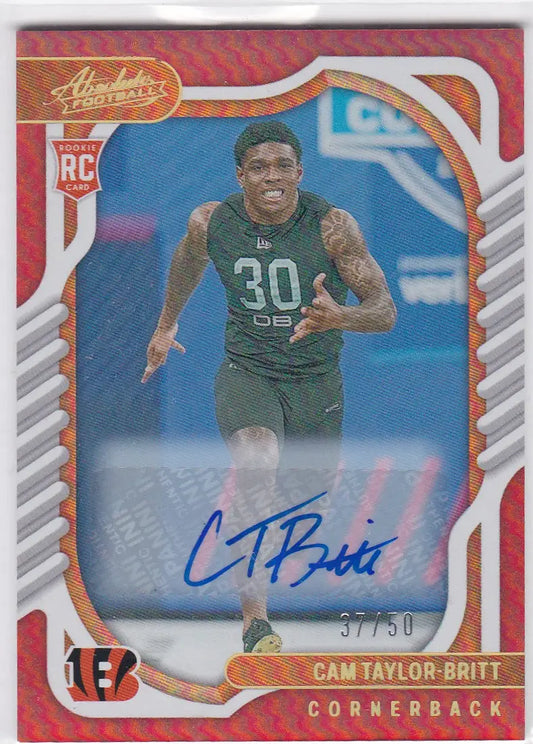 Autographed Cam Taylor-Britt rookie football card Cincinnati Bengals numbered 37 of 50