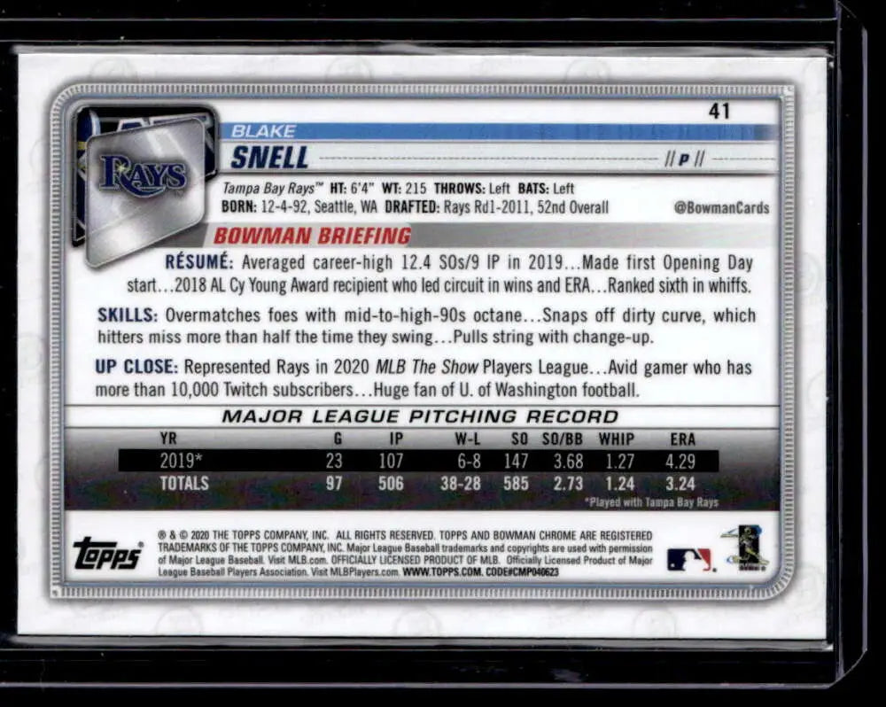 Blake Snell trading card showcasing statistics from the 2020 Bowman Chrome NM-MT edition