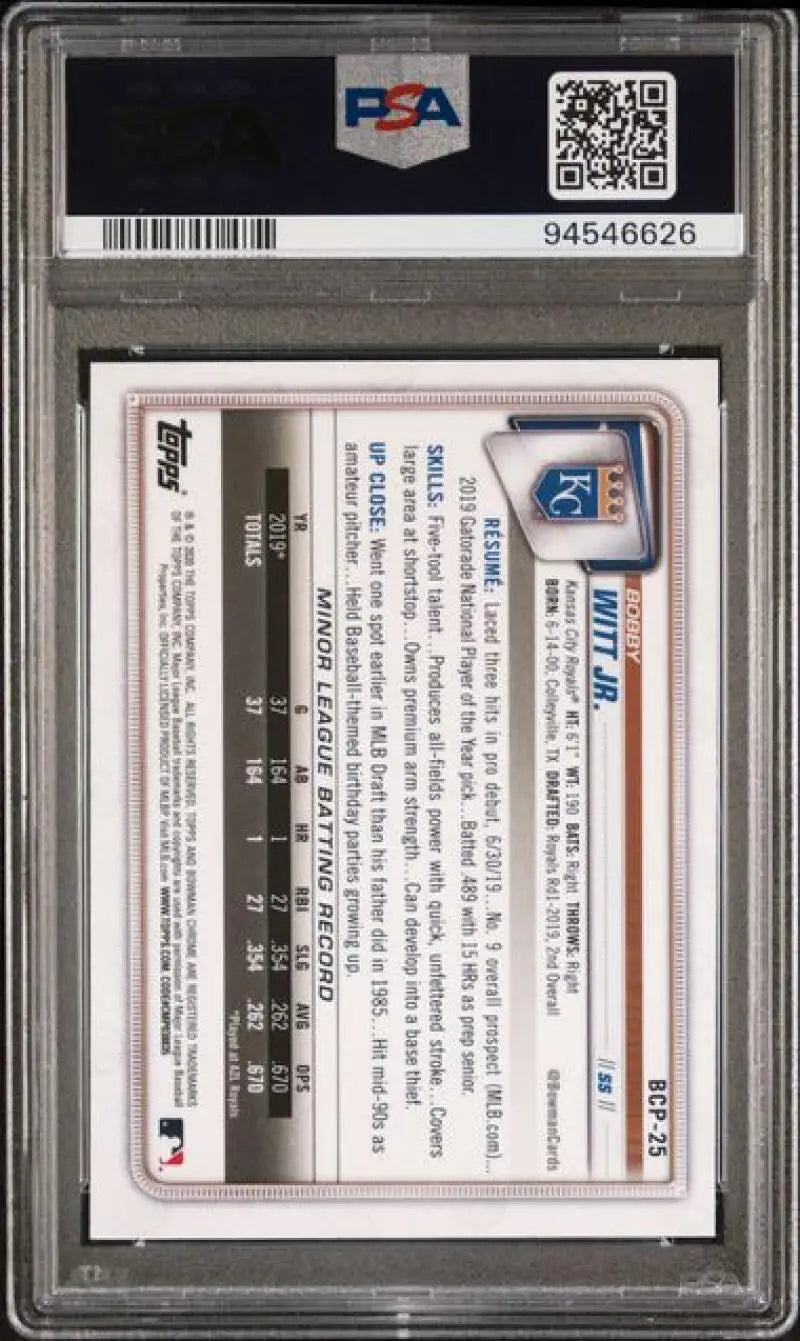 PSA 10 GEM MINT Bobby Witt Jr. Kansas City Royals card in protective holder with barcode