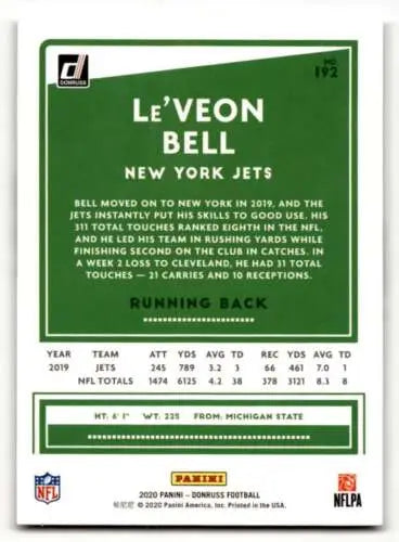 LeVeon Bell 2020 Donruss #192 New York Jets Football Card with original gloss finish