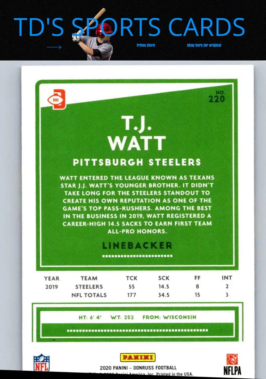 T.J. Watt Football Card Watt Press Proof Blue White Jersey 2020 Donruss