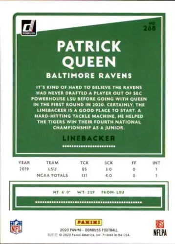 Patrick Queen football card from 2020 Donruss NM-MT features original gloss finish