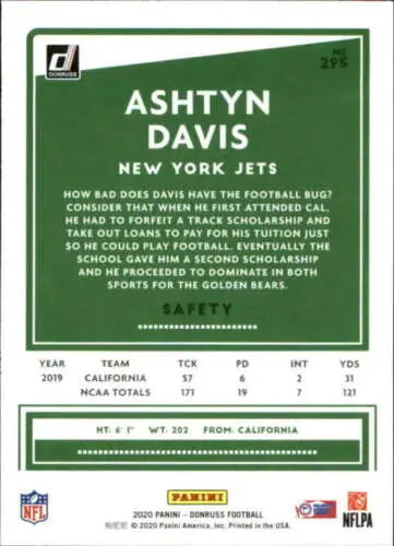 Ashtyn Davis football card 2020 Donruss #295 NM-MT NY Jets original gloss quality