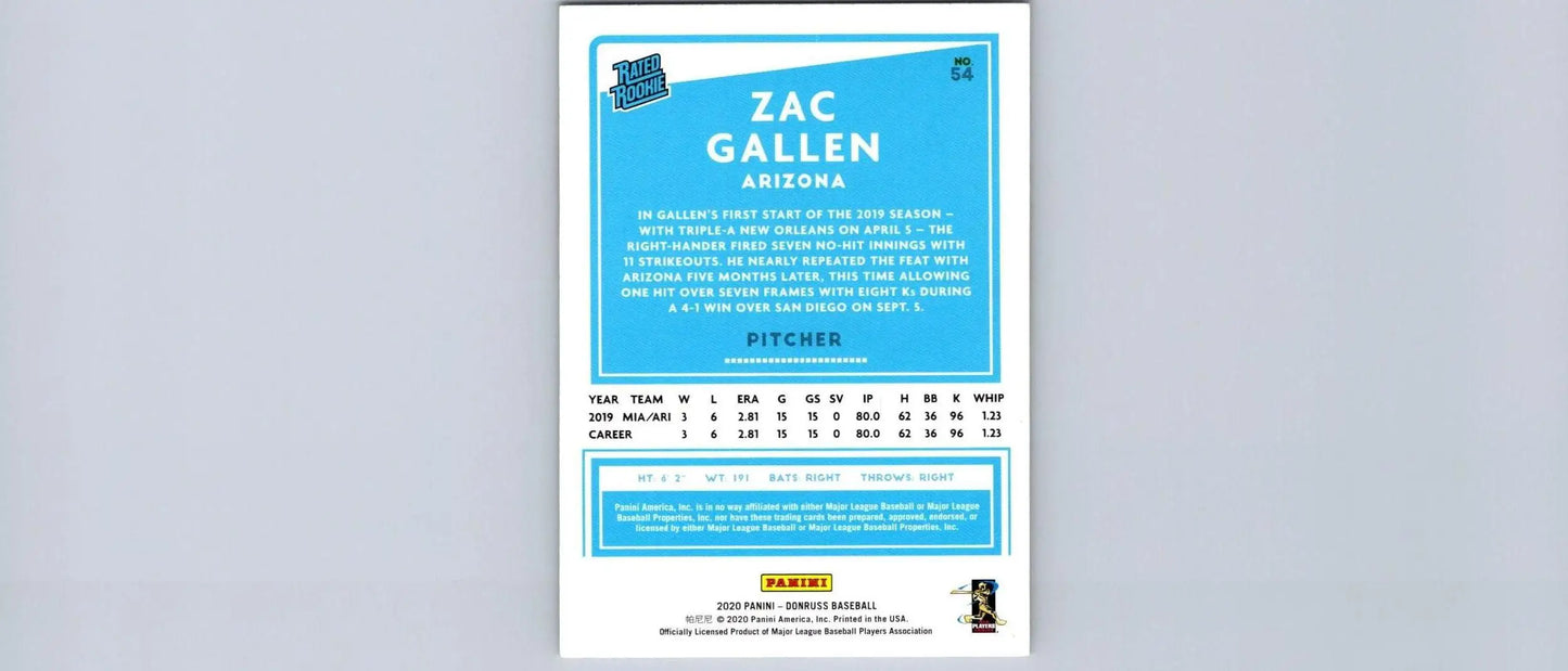 Zac Gallen Independence Day baseball card from 2020 Donruss #54 showcasing the player