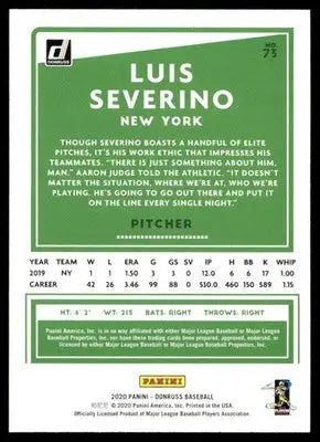 Back of a 2020 Donruss Luis Severino baseball trading card featuring Luis Severino