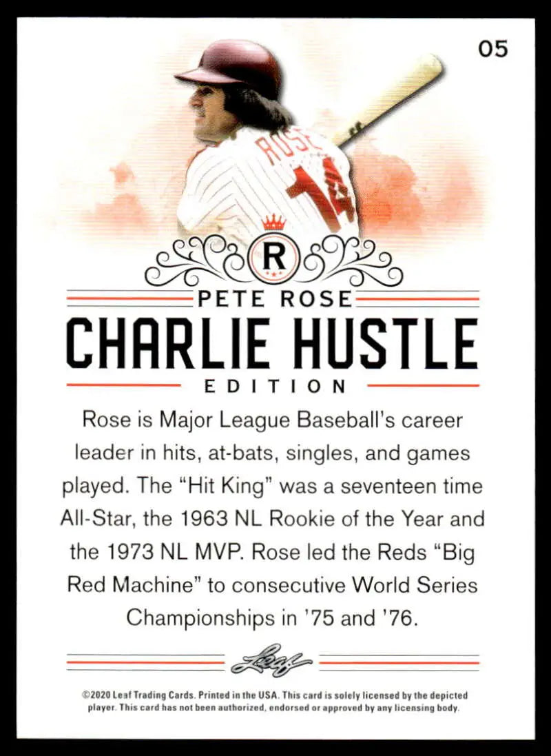 Baseball card of Pete Rose in red cap and uniform from 2020 Leaf Charlie Hustle series