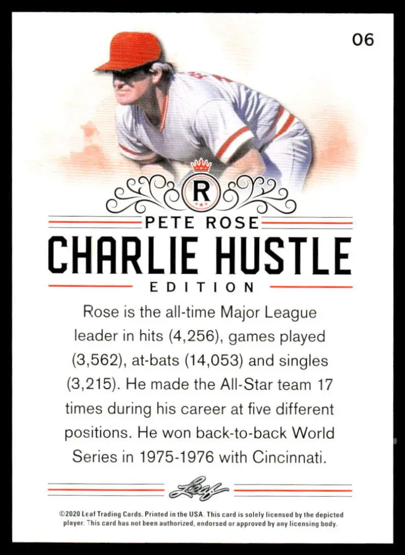 Baseball trading card of Pete Rose showcasing Cincinnati Reds statistics and achievements