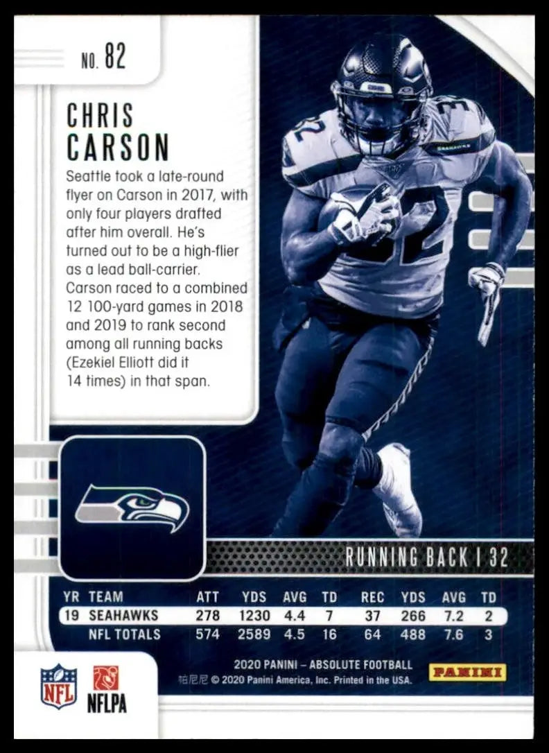Back of a Chris Carson football card with player statistics from 2020 Panini Absolute NFL series