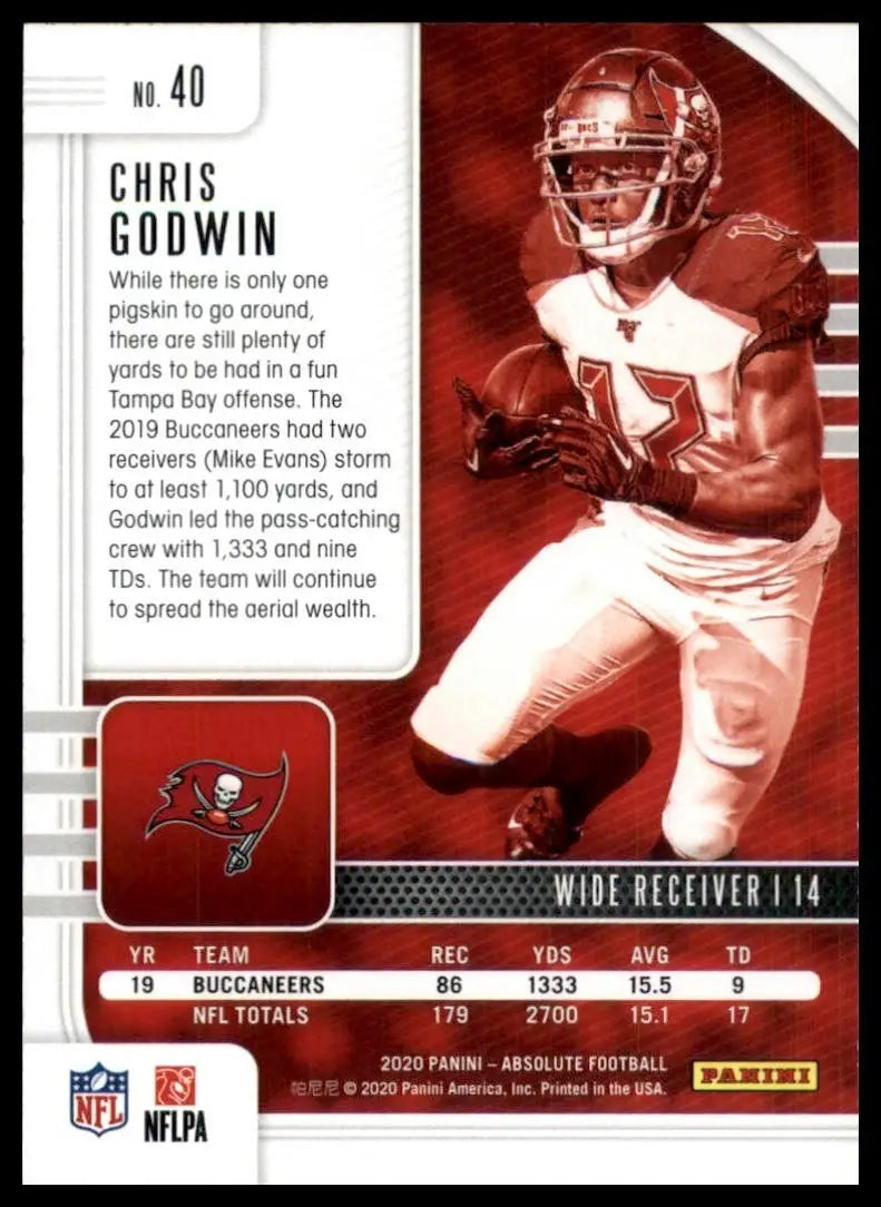 Football card featuring Chris Godwin from 2020 Panini Absolute Tampa Bay Buccaneers NFL collection