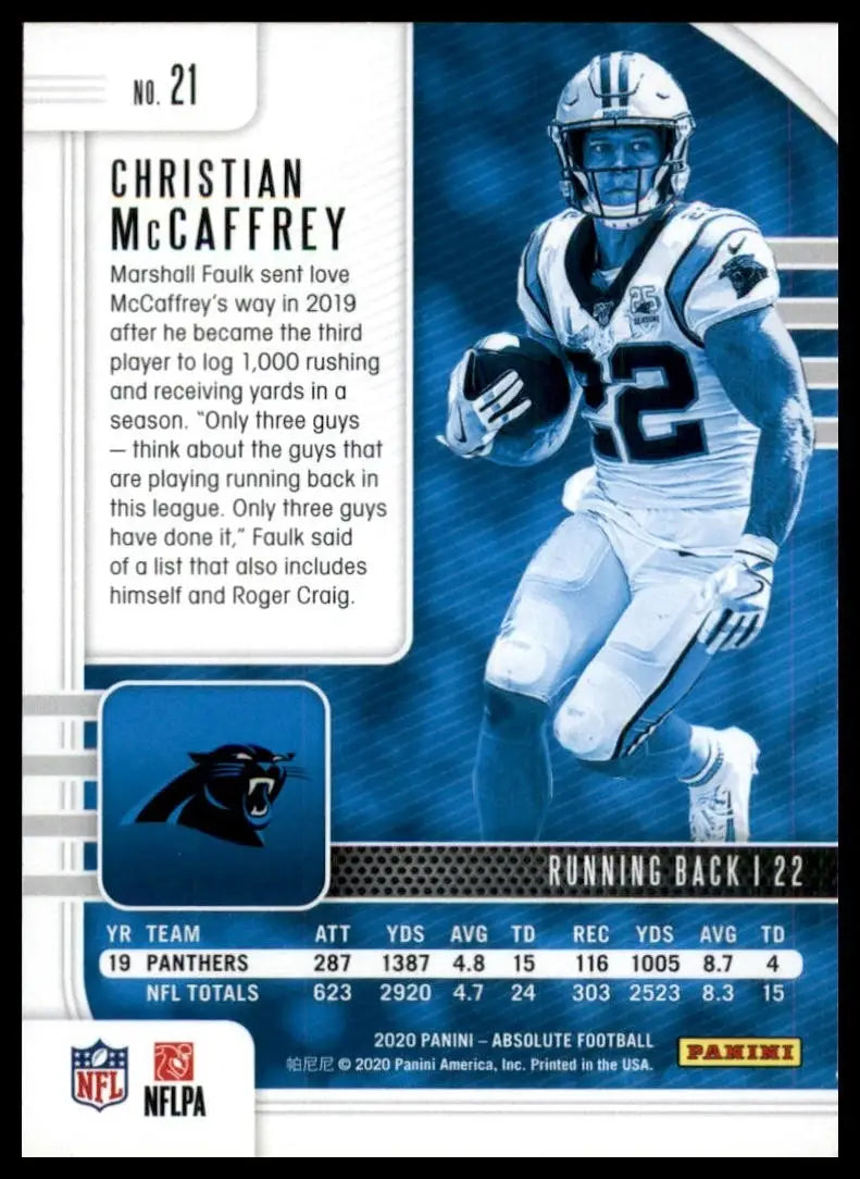 Christian McCaffrey #21 Carolina Panthers football card from 2020 Panini Absolute collection