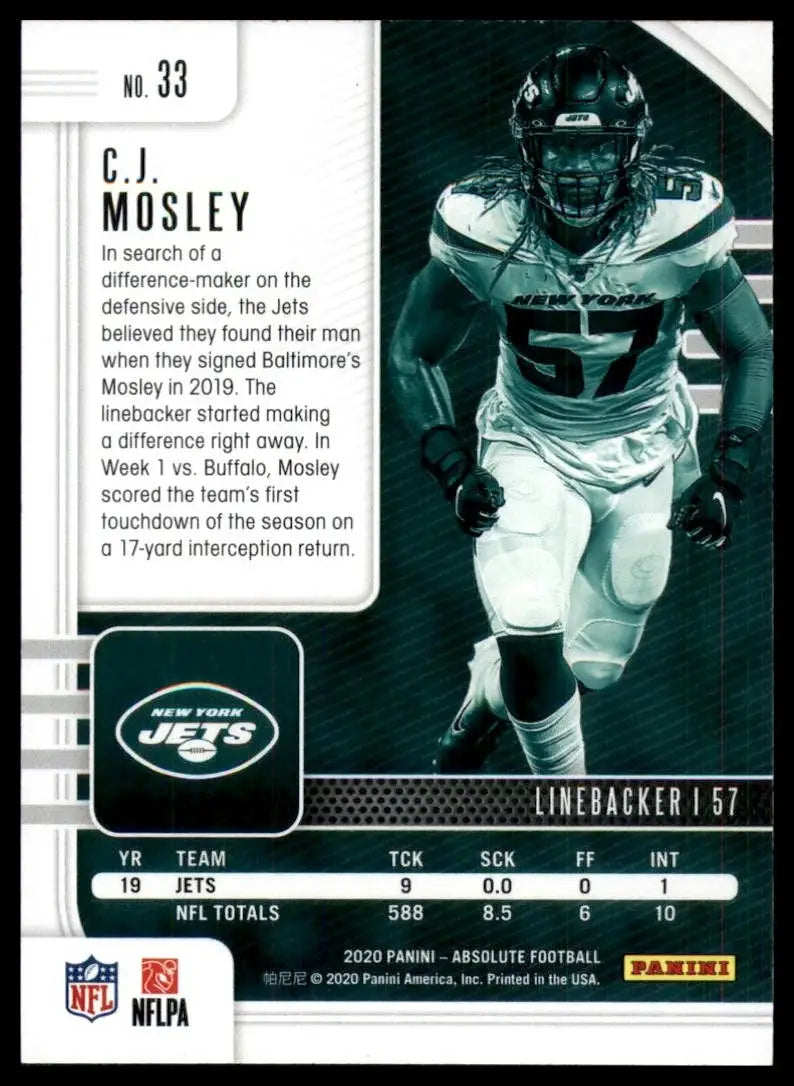Collectible football card featuring C.J. Mosley of the New York Jets from 2020 Panini Absolute