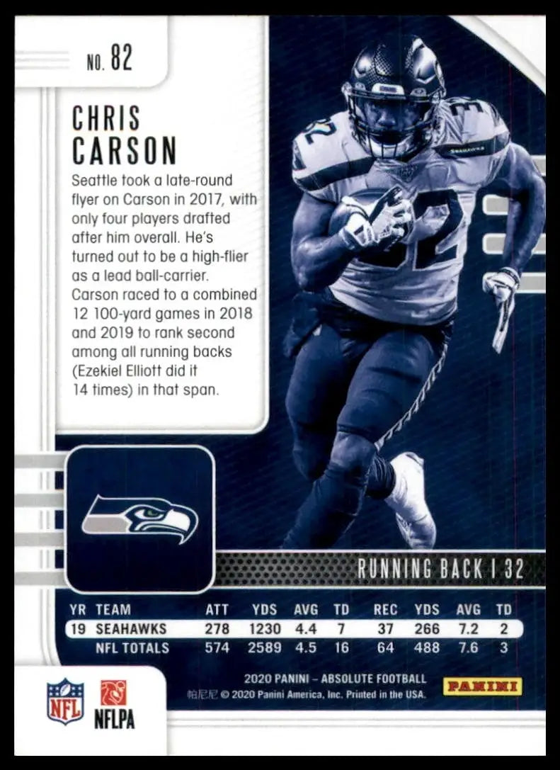 Football card featuring Chris Carson of Seattle Seahawks with career stats from 2020 Panini Absolute Green
