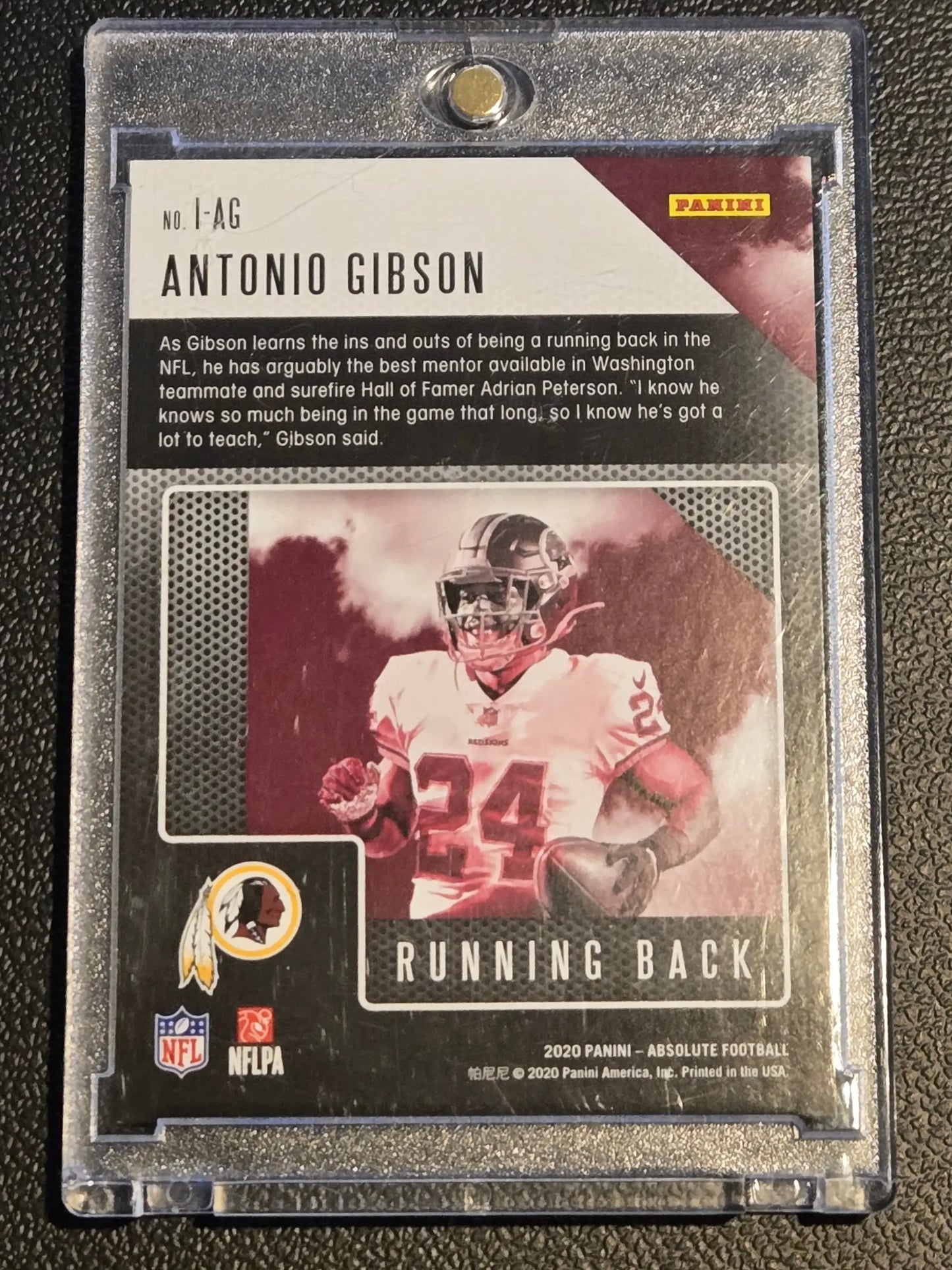 Antonio Gibson football card from 2020 Panini Absolute Gibson Introductions Spectrum Red