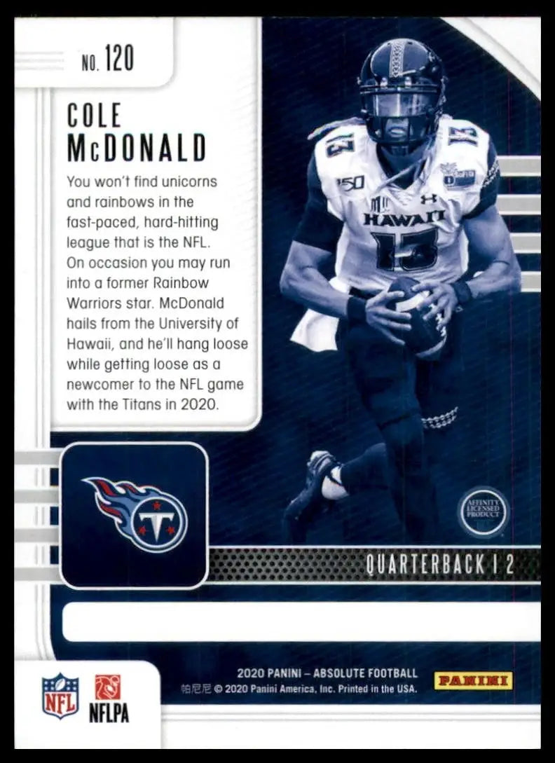 Football card featuring Cole McDonald from 2020 Panini Absolute Rookie collection