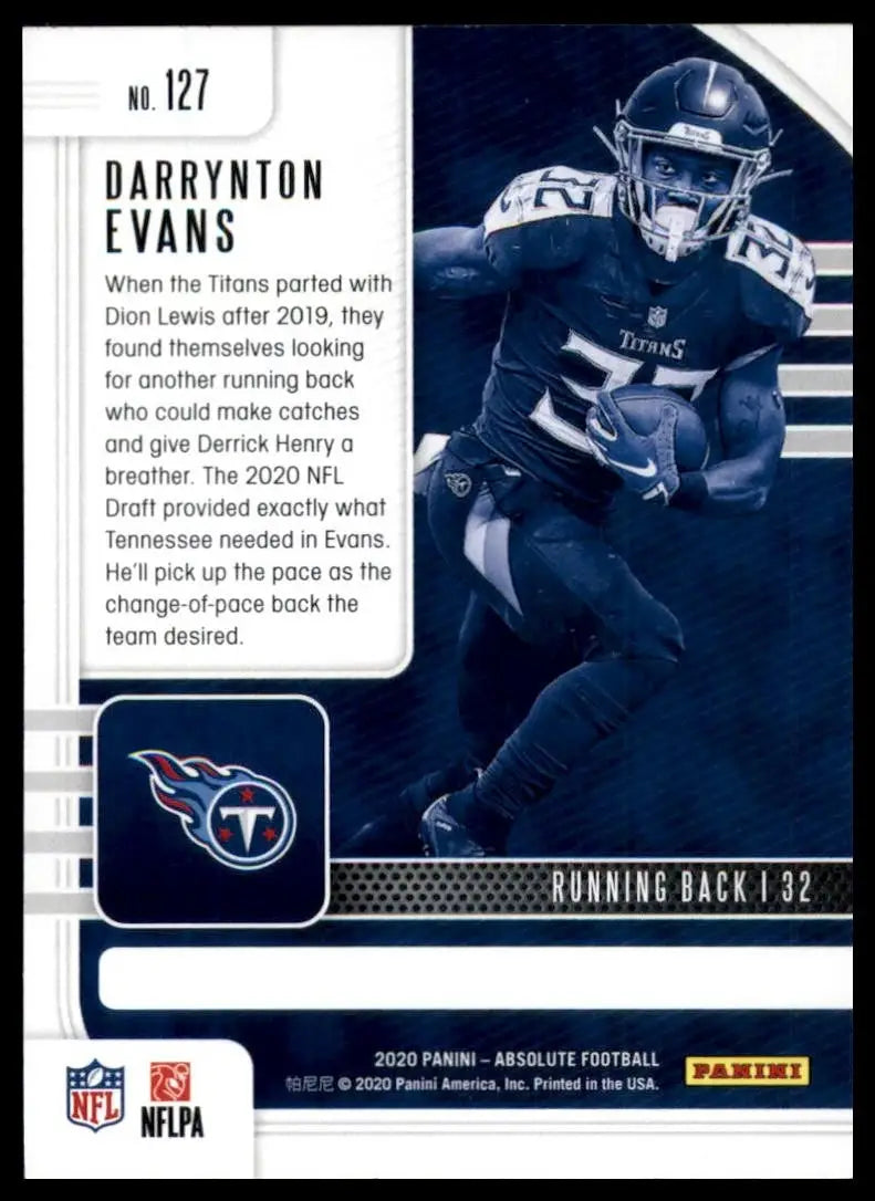 Football card featuring Tennessee Titans player Darrynton Evans from 2020 Panini Absolute Rookie series