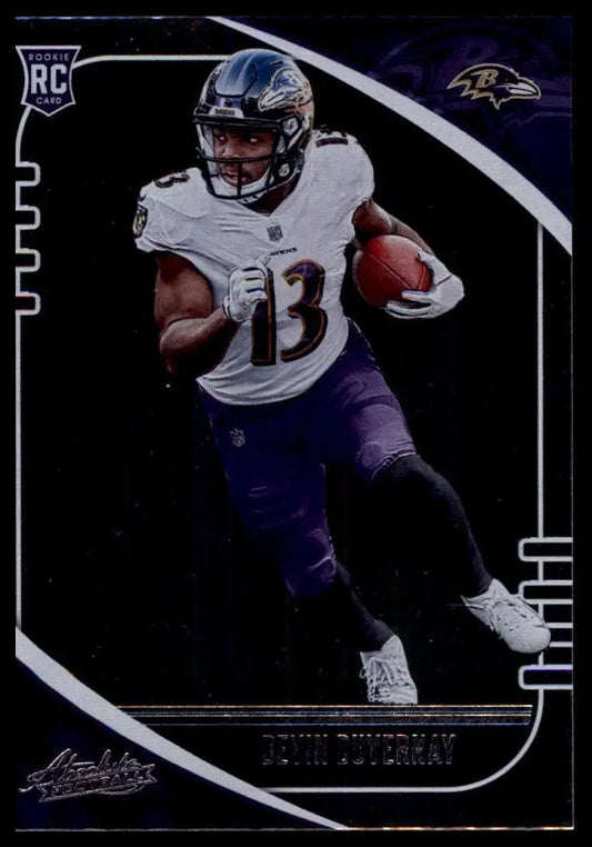 Football trading card featuring Devin Duvernay in Baltimore Ravens uniform from 2020 Panini Absolute Rookie series