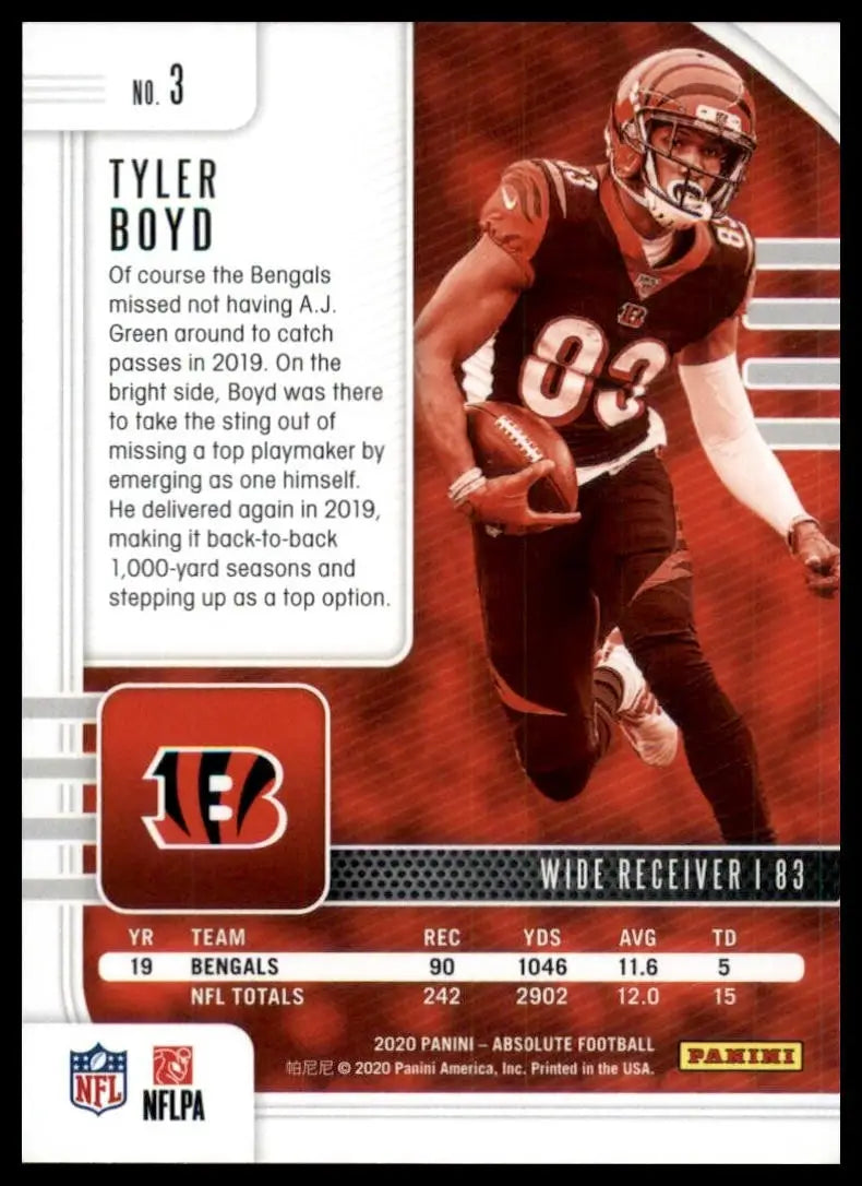 2020 Panini Absolute Tyler Boyd #3 Cincinnati Bengals Football Card NFL Sports - Football Card