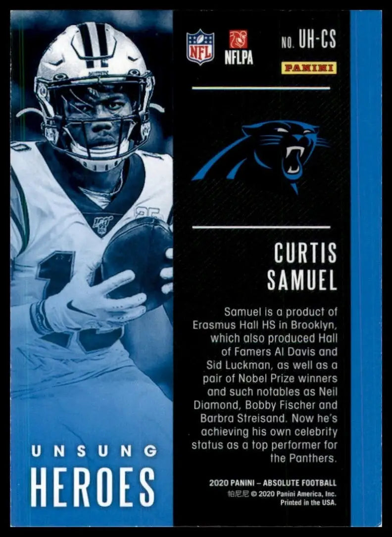 Football trading card featuring Curtis Samuel and Carolina Panthers logo from 2020 Panini Absolute