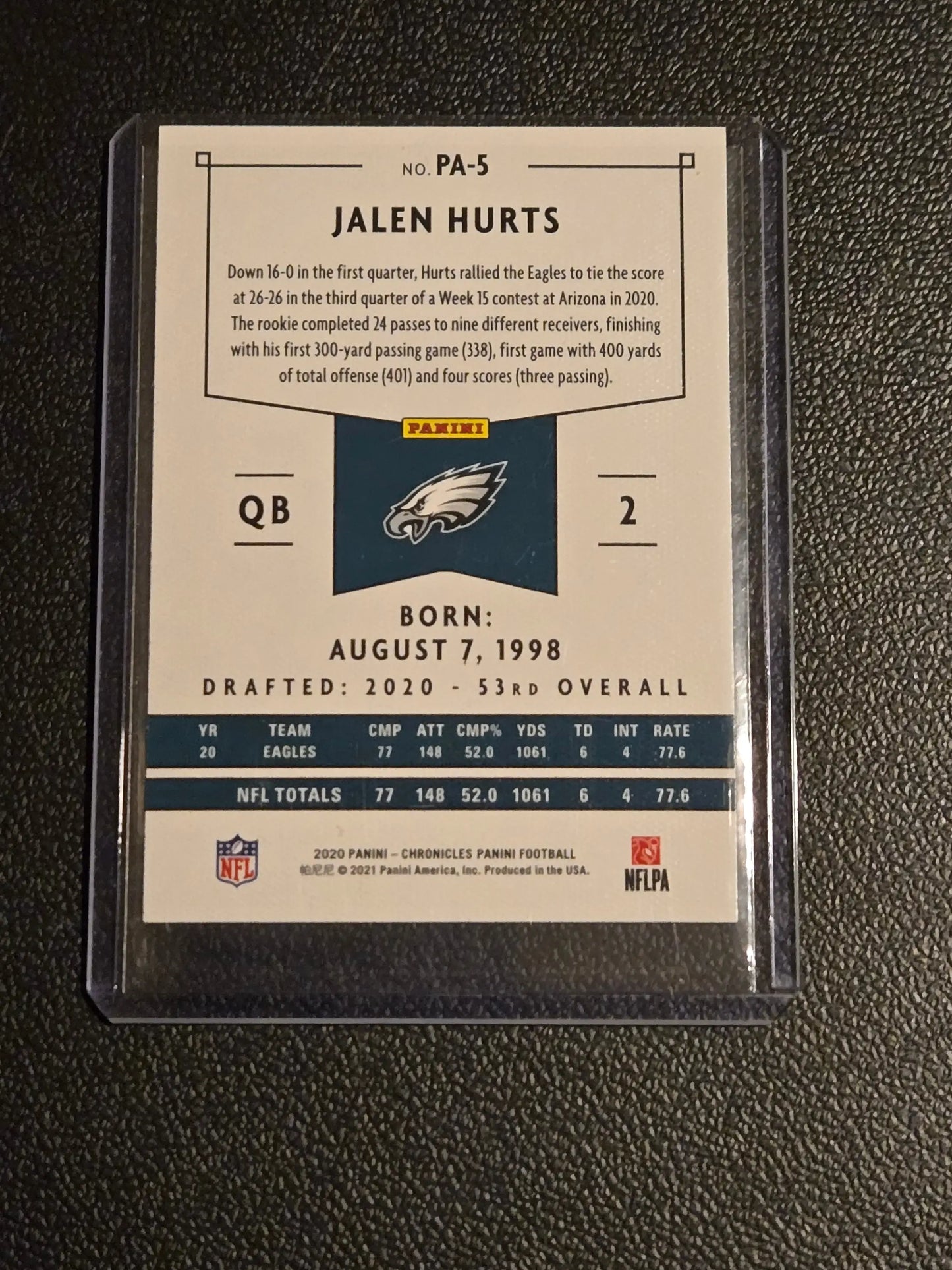 Jalen Hurts football trading card in protective sleeve from 2020 Panini Chronicles Panini